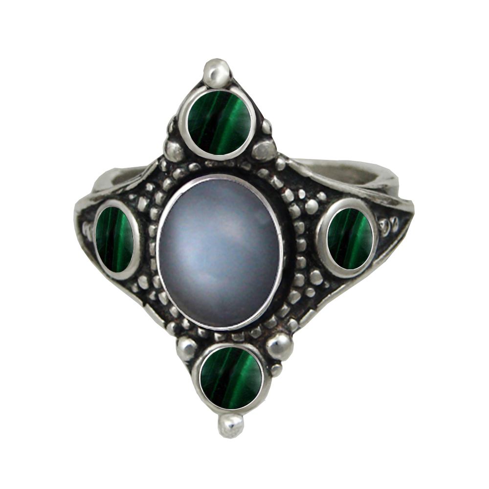 Sterling Silver Renaissance Queen's Ring With Grey Moonstone And Malachite Size 10